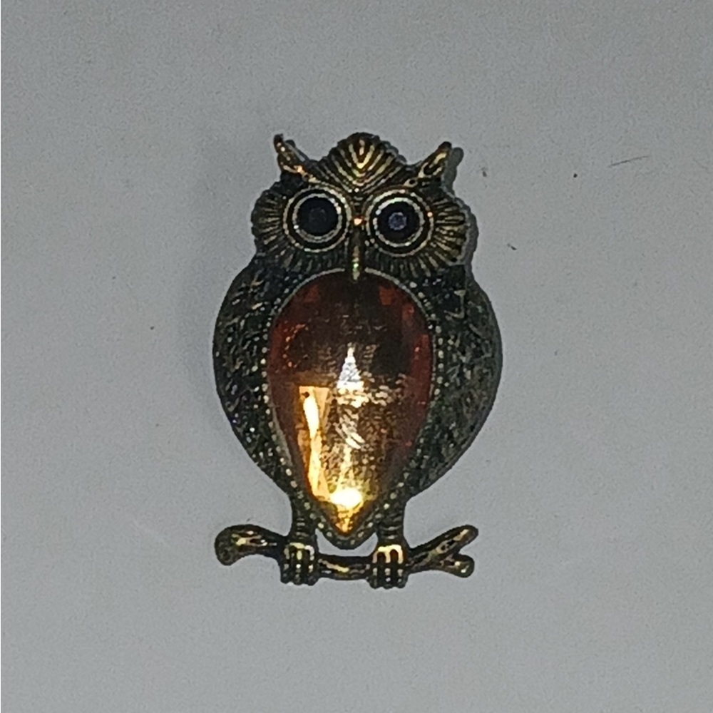 Vintage Owl Brooch with Amber Gem